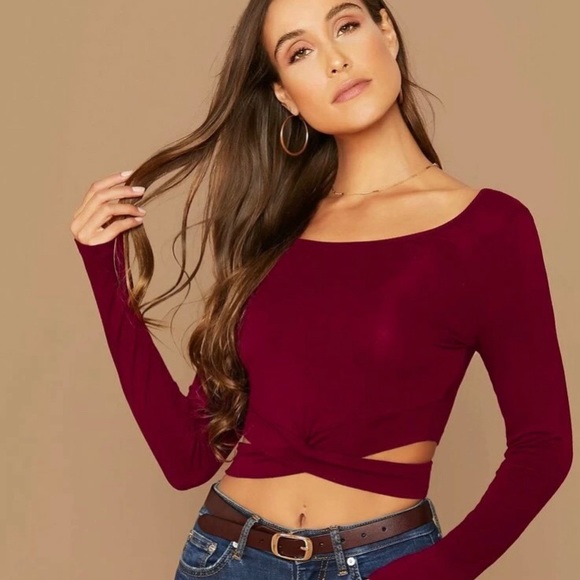 SHEIN Tops - Burgundy Crisscross Detail Fitted Crop Top